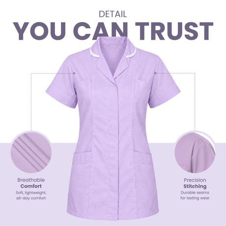 A light purple short-sleeve medical scrub top shown on a white background with marketing text reading 'DETAIL YOU CAN TRUST' and two circular inset detail callouts highlighting breathability and stitching.Women’s Medical Tunic Nursing & Healthcare Uniform UK scrub tops
scrubs clothing
nursing scrubs
medical uniforms
scrubs for sale
work scrubs
buy medical uniforms
female scrub tops
order scrubs
scrubs to purchase
cheap scrub tops
cotton scrubs uk
scrubs top
clothing scrubs
dental workwear
for sale scrubs
