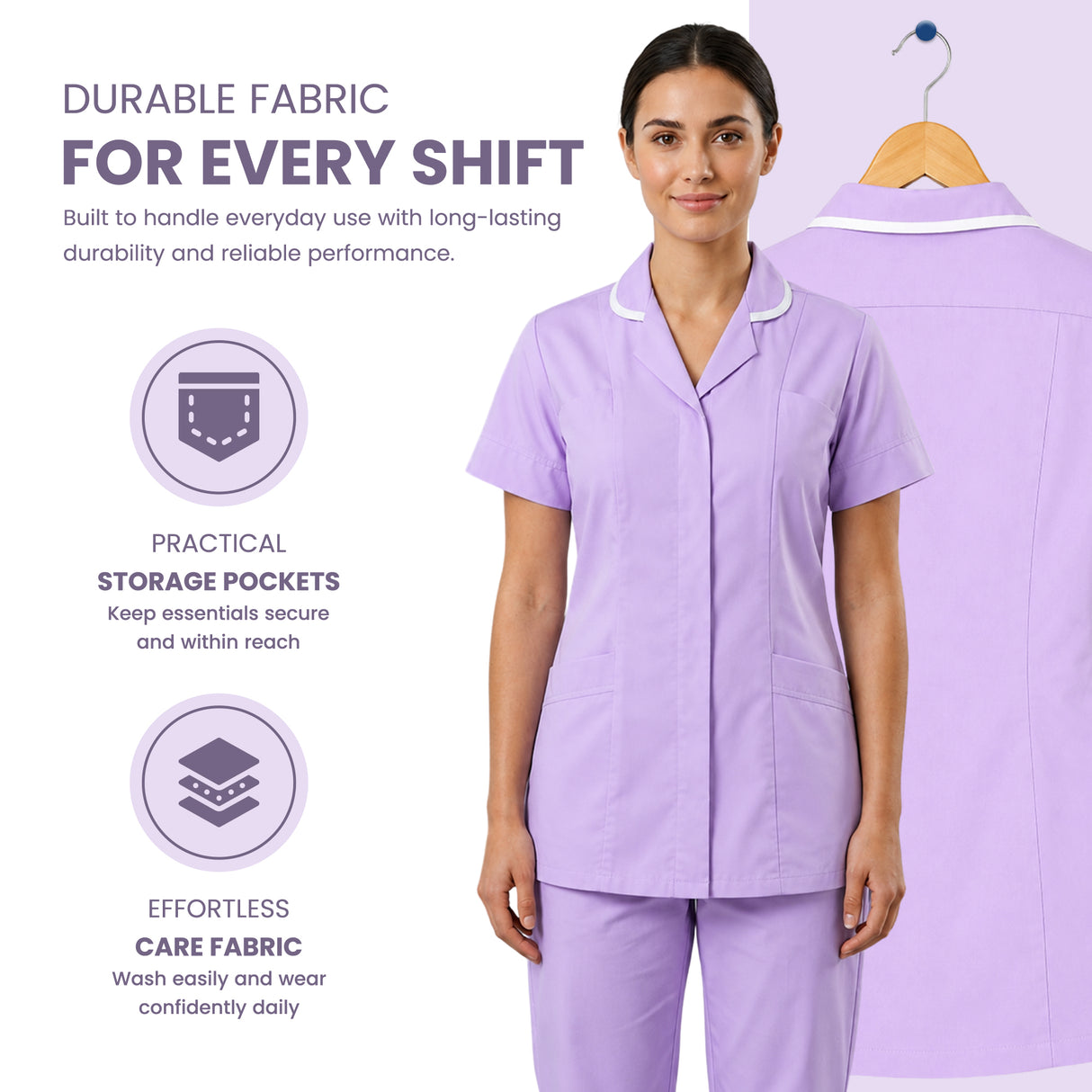A woman wearing a light purple short-sleeve scrub top and matching pants stands against a pale lavender background, with a second view of the scrub top hanging on a hanger behind her. Text on the left highlights durable fabric, practical storage pockets, and effortless care fabric. Women’s Medical Tunic Nursing & Healthcare Uniform UK scrub tops
scrubs clothing
nursing scrubs
medical uniforms
scrubs for sale
work scrubs
buy medical uniforms
female scrub tops
order scrubs
scrubs to purchase
cheap scrub tops
