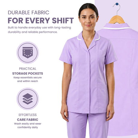 A woman wearing a light purple short-sleeve scrub top and matching pants stands against a pale lavender background, with a second view of the scrub top hanging on a hanger behind her. Text on the left highlights durable fabric, practical storage pockets, and effortless care fabric. Women’s Medical Tunic Nursing & Healthcare Uniform UK scrub tops
scrubs clothing
nursing scrubs
medical uniforms
scrubs for sale
work scrubs
buy medical uniforms
female scrub tops
order scrubs
scrubs to purchase
cheap scrub tops
