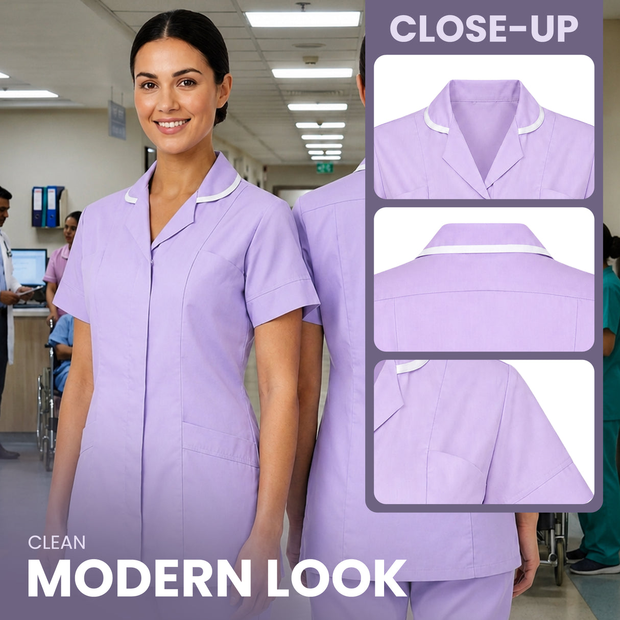 A woman wearing a light purple short-sleeve medical scrub top in a hospital hallway, with three inset close-up panels on the right showing the collar, back, and pocket details. Text overlays read 'CLEAN MODERN LOOK' and 'CLOSE-UP'. Women’s Medical Tunic Nursing & Healthcare Uniform UK scrub tops
scrubs clothing
nursing scrubs
medical uniforms
scrubs for sale
work scrubs
buy medical uniforms
female scrub tops
order scrubs
scrubs to purchase
cheap scrub tops
cotton scrubs uk
scrubs top
clothing scrubs
dental 