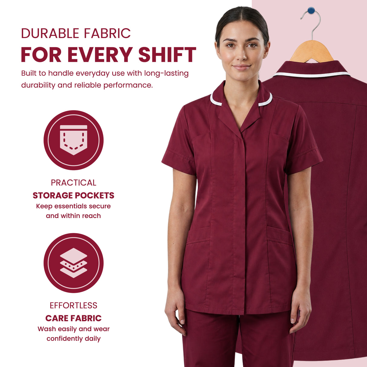 A woman models a burgundy short-sleeve scrub top and matching scrub pants against a light pink background, with a second view of the scrub top on a hanger behind her. Text highlights durable fabric, practical storage pockets, and effortless care fabric Women’s Medical Tunic Nursing & Healthcare Uniform UK scrub tops
scrubs clothing
nursing scrubs
medical uniforms
scrubs for sale
work scrubs
buy medical uniforms
female scrub tops
order scrubs
scrubs to purchase
cheap scrub tops
cotton scrubs uk
scrubs top
cl