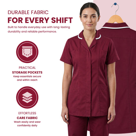 A woman models a burgundy short-sleeve scrub top and matching scrub pants against a light pink background, with a second view of the scrub top on a hanger behind her. Text highlights durable fabric, practical storage pockets, and effortless care fabric Women’s Medical Tunic Nursing & Healthcare Uniform UK scrub tops
scrubs clothing
nursing scrubs
medical uniforms
scrubs for sale
work scrubs
buy medical uniforms
female scrub tops
order scrubs
scrubs to purchase
cheap scrub tops
cotton scrubs uk
scrubs top
cl