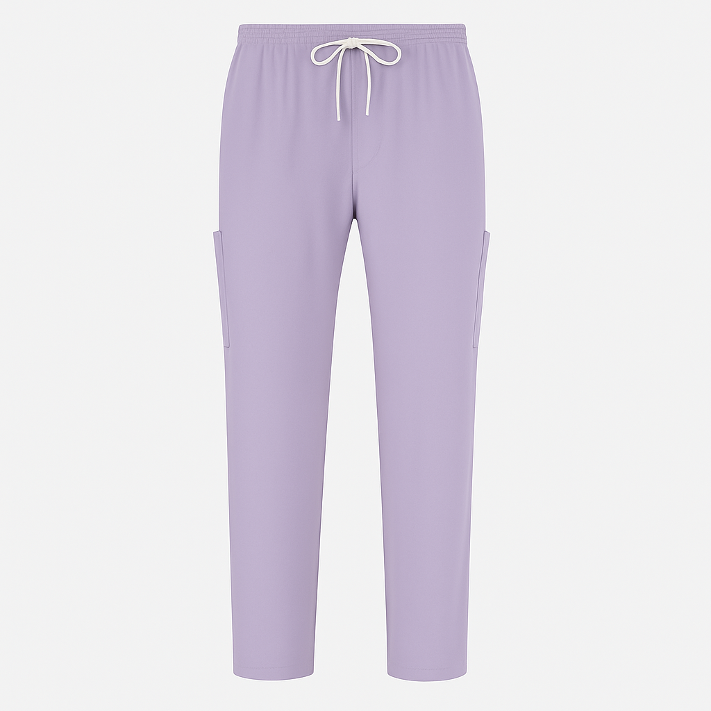 Lavender jogger pants with a drawstring on a white background