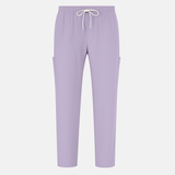 Lavender jogger pants with a drawstring on a white background