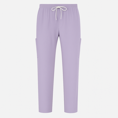 Lavender jogger pants with a drawstring on a white background