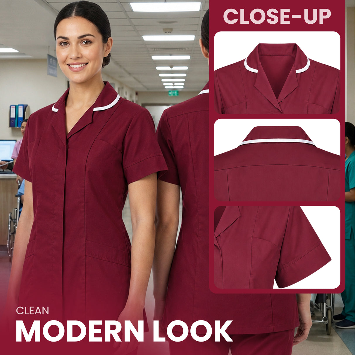 A woman wearing a burgundy short-sleeve scrub top with white piping trim, shown in a hospital hallway. The right side includes close-up inset views of the collar, back, and pocket details, with text reading 'CLOSE-UP' and 'CLEAN MODERN LOOK'.