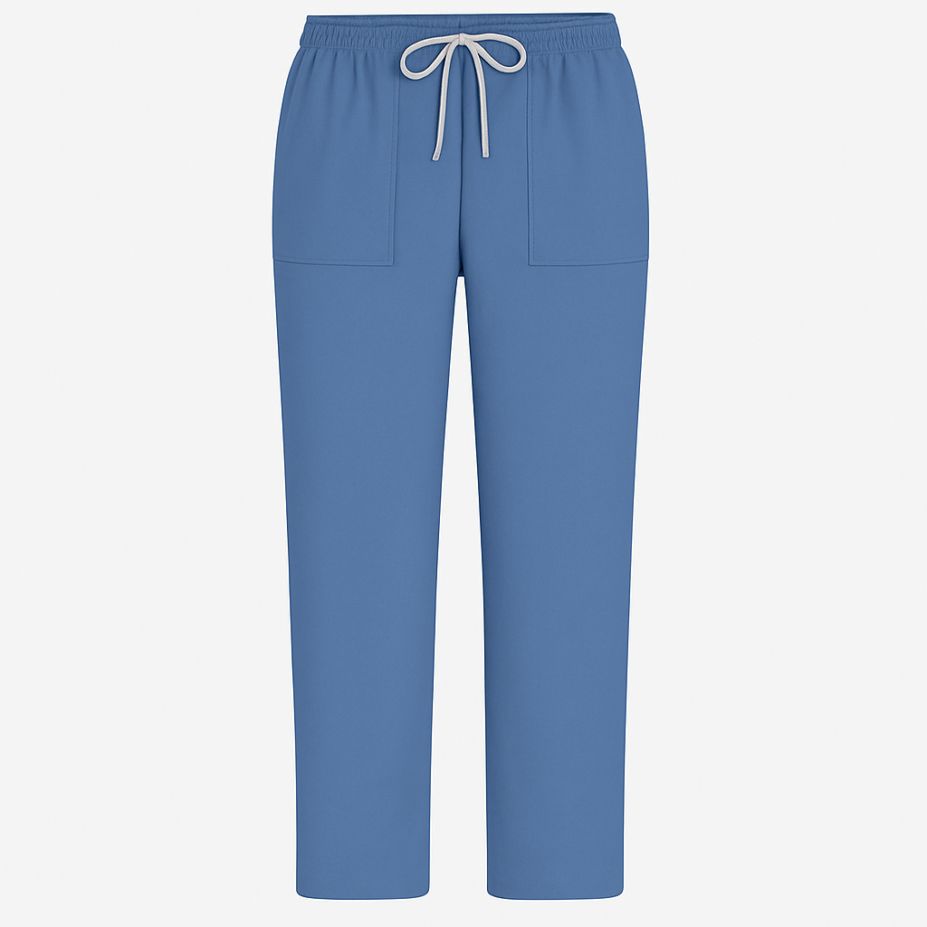 Blue pants with a drawstring on a white background