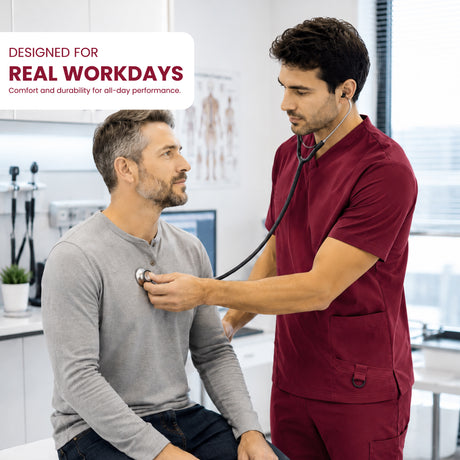 A man in maroon medical scrubs uses a stethoscope on a seated patient in a bright clinic. A white text box in the top left reads 'DESIGNED FOR REAL WORKDAYS' with smaller text below.